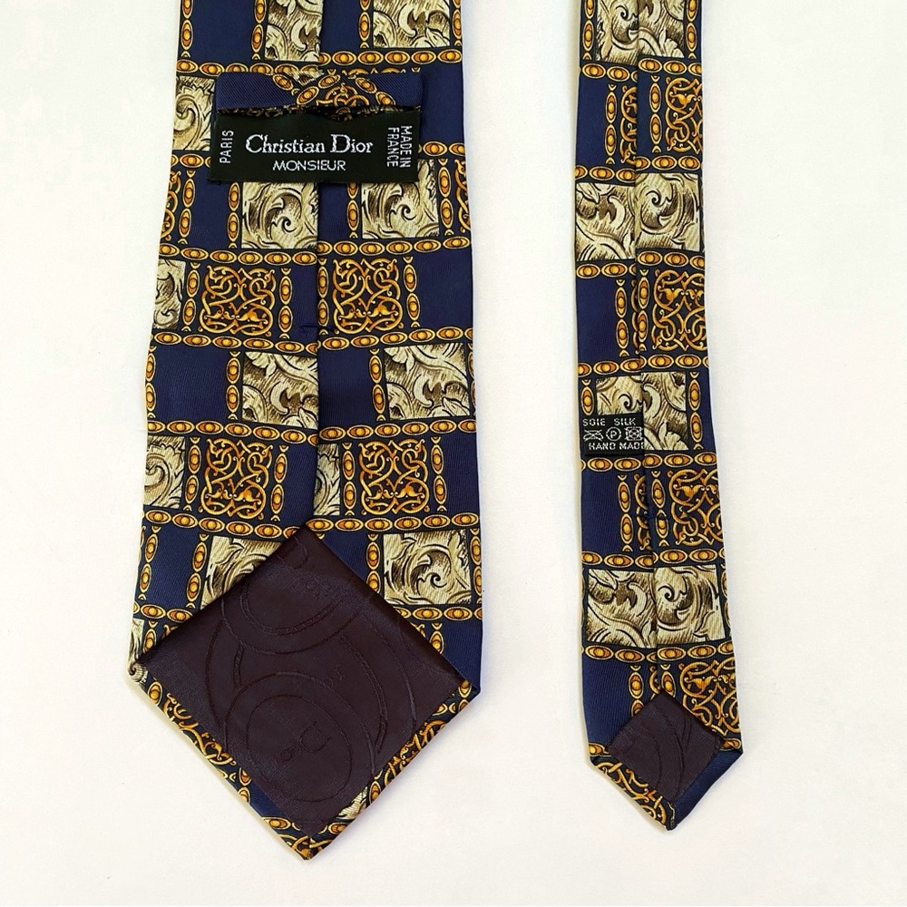 VINTAGE CHRISTIAN DIOR MONSIEUR NAVY BLUE GOLD CREAM SQUARE PRINT SILK NECK TIE - Picture 3 of 6